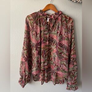 Elan Floral Pink Green Sheer Long Sleeve Blouse Metallic Accents Women’s Medium